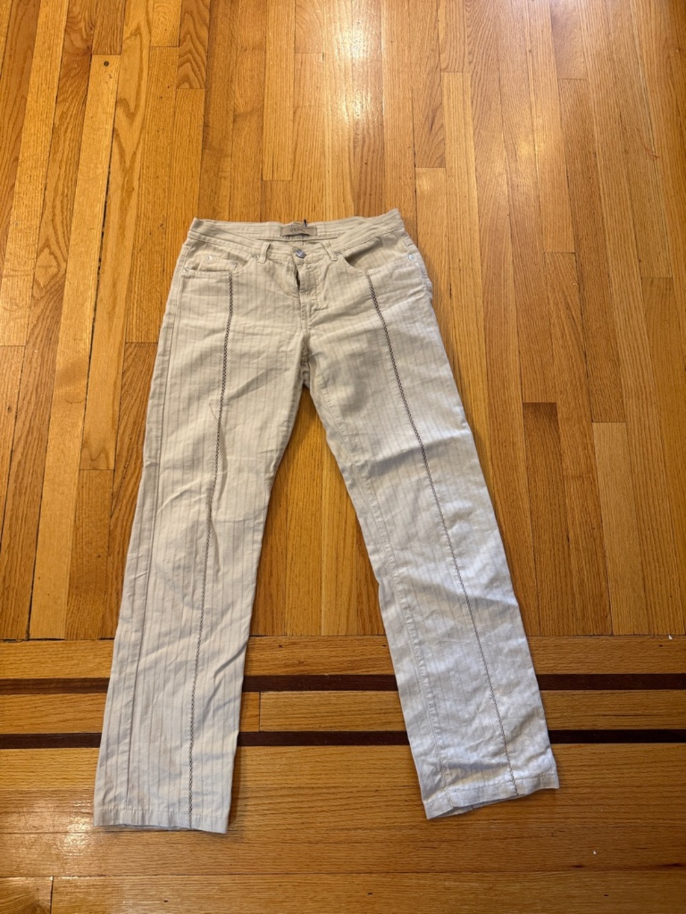 Alberta Ferretti Cream Straight-Leg Jeans with Pinstripe Detail